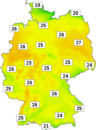Deutschlandkarte mit Mittagstemperaturen am 01.05.2024