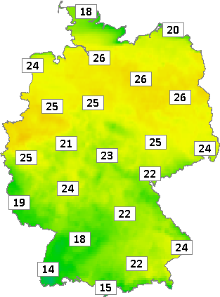 Deutschlandkarte mit Mittagstemperaturen am 02.05.2024